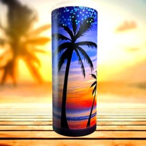 Sunset / Beach / Palm Trees / Stainless Steel / Skinny Tumbler